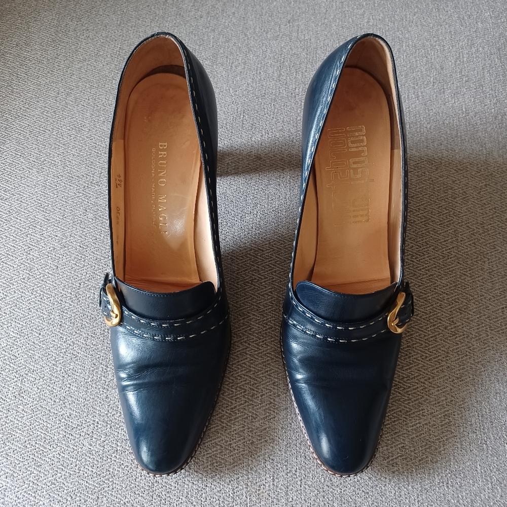Bruno Magli Women's Navy Leather Heels with Gold Buckle, Size AA 8.5